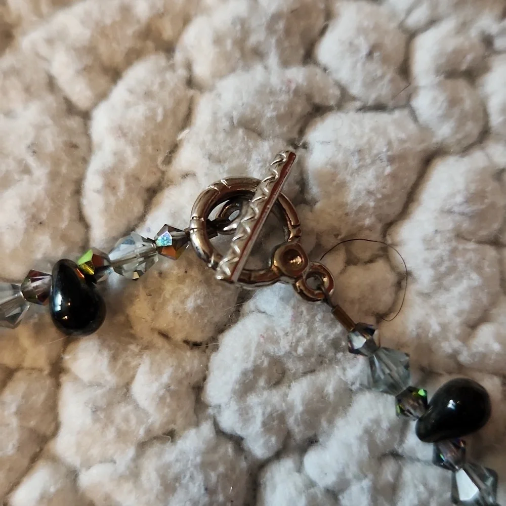 Irredecent Silver And Black Tear Drop Beaded Loop Bracelet Handmade Whimsigoth